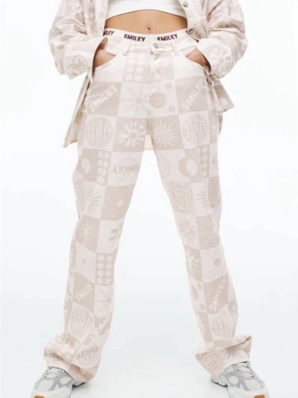 Smiley X H&M Checkerboard Wide-Leg Pants - Cream 4 high waist fun happy Face